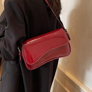 Faux Patent Leather Shoulder Bag in Red
